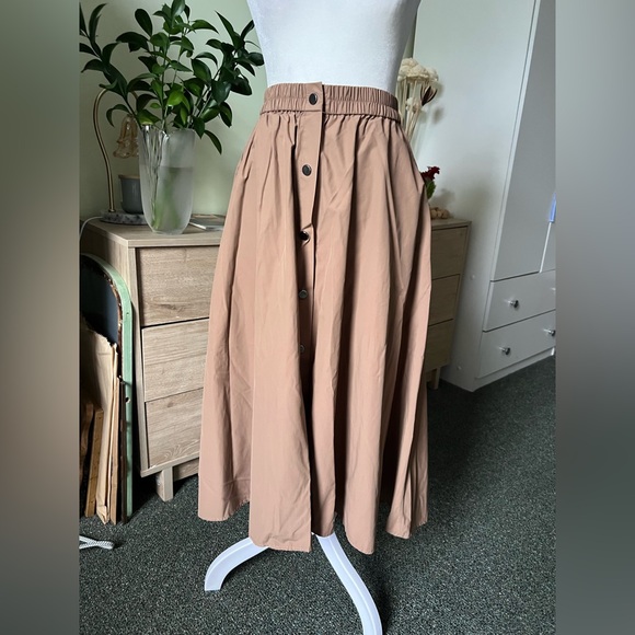ZARA Tan Camel Khaki Button Down Elastic High-Waist Asymmetrical Midi Maxi Skirt - Picture 4 of 16